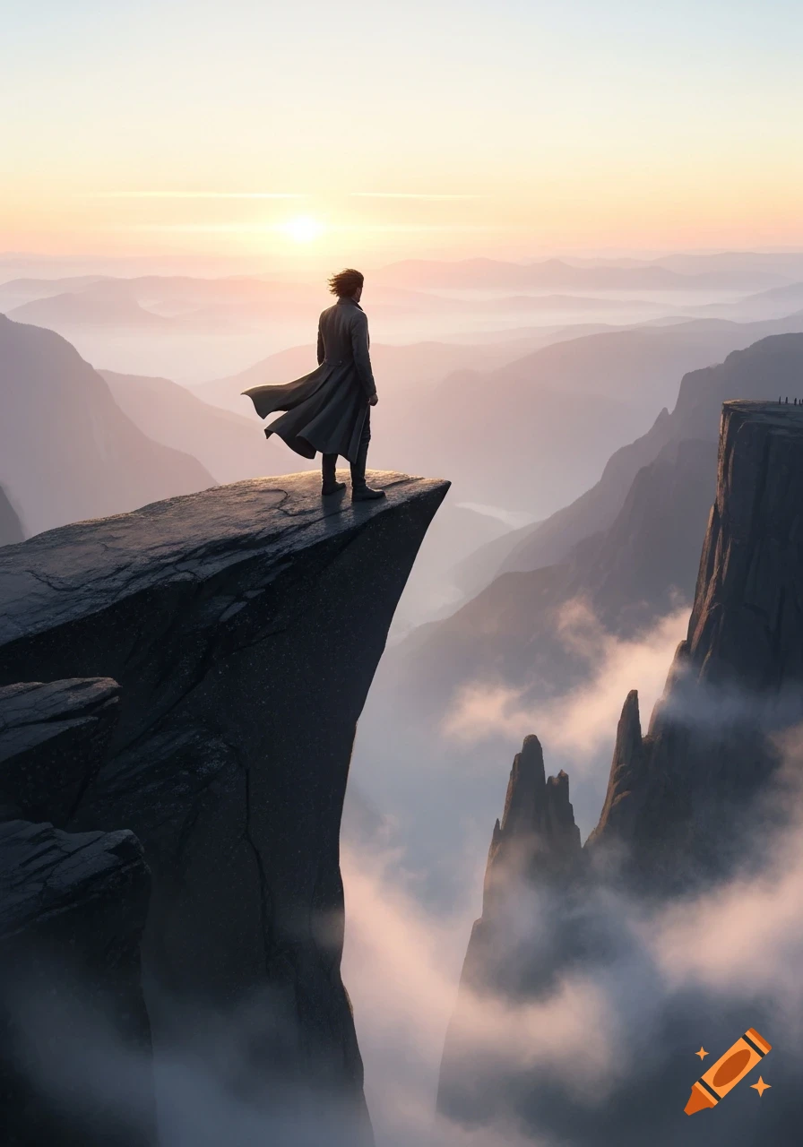 A lone figure in a long coat stands on a dramatic cliff edge, looking ...