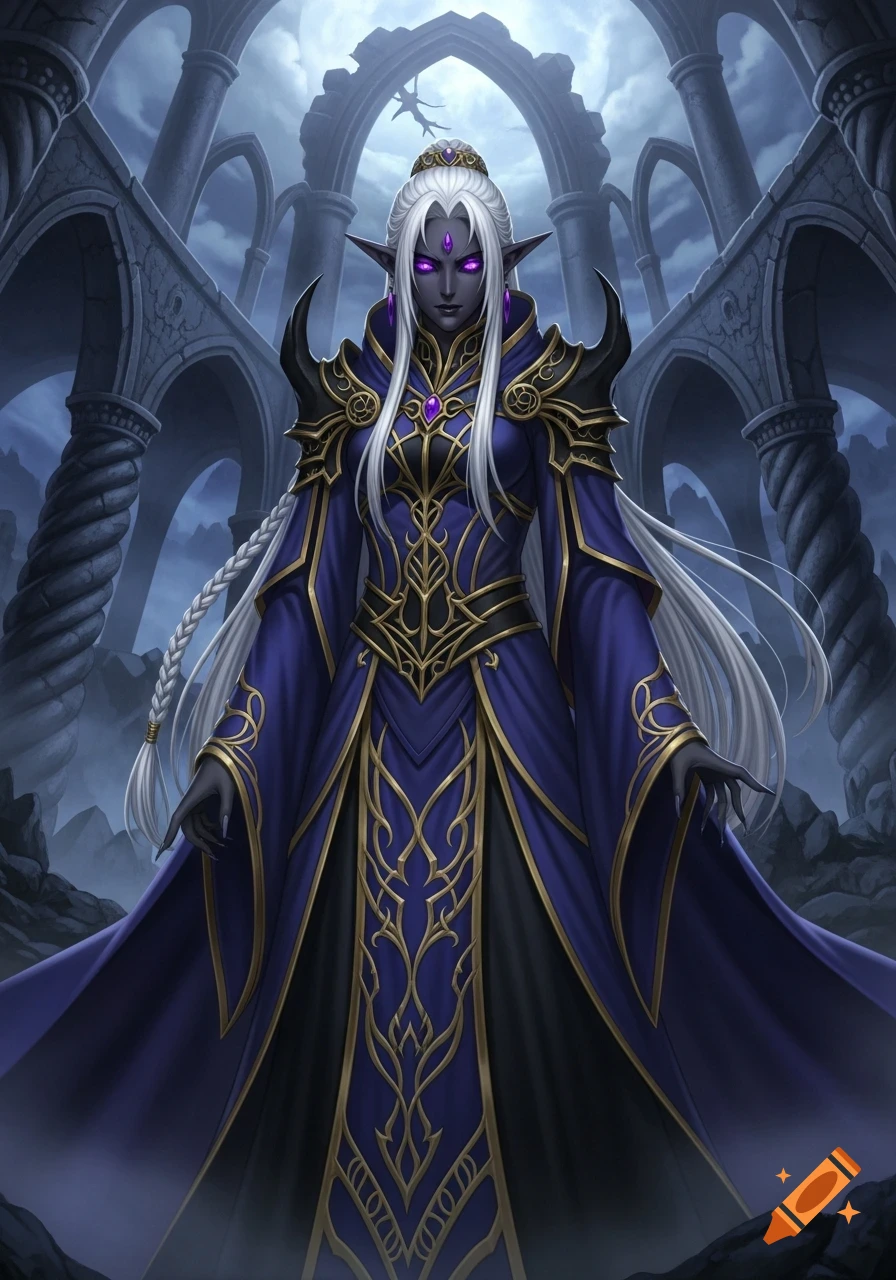 Dark fantasy anime illustration of a drow sorceress with white hair and glowing purple eyes, wearing blue and gold robes, standing in gothic ruins.