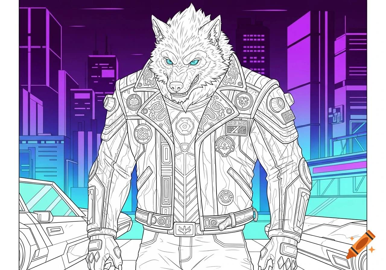 A line art coloring page of a werewolf in a detailed biker vest, standing in a cyberpunk city.