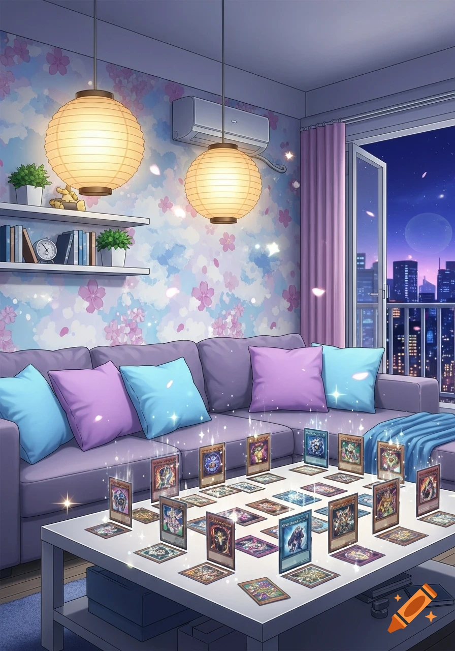 Anime-style living room at night with a city view, a purple couch, and numerous glowing Yugioh cards laid out on a white coffee table.