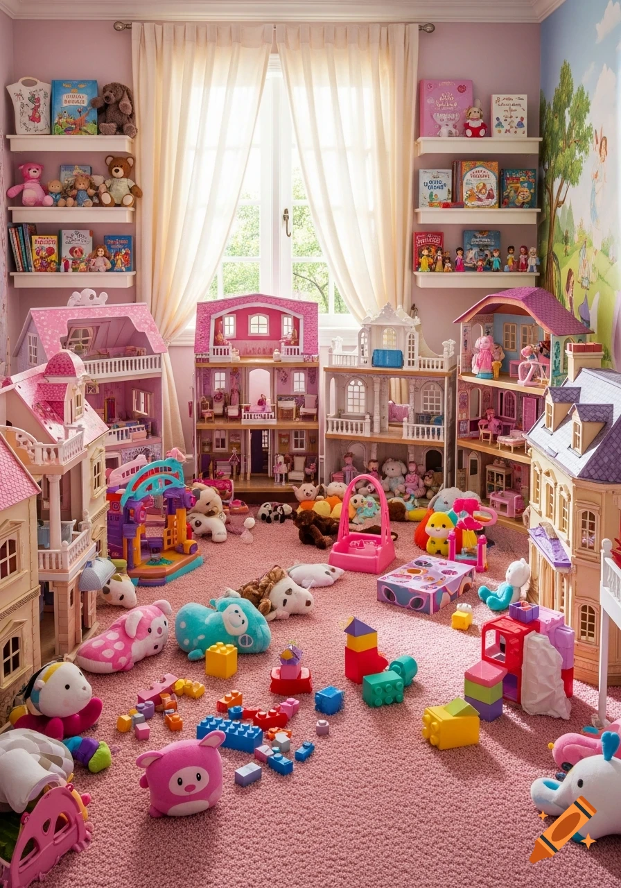 A colorful child's room filled with numerous dollhouses, stuffed animals, building blocks, and various other toys scattered on a pink carpet.