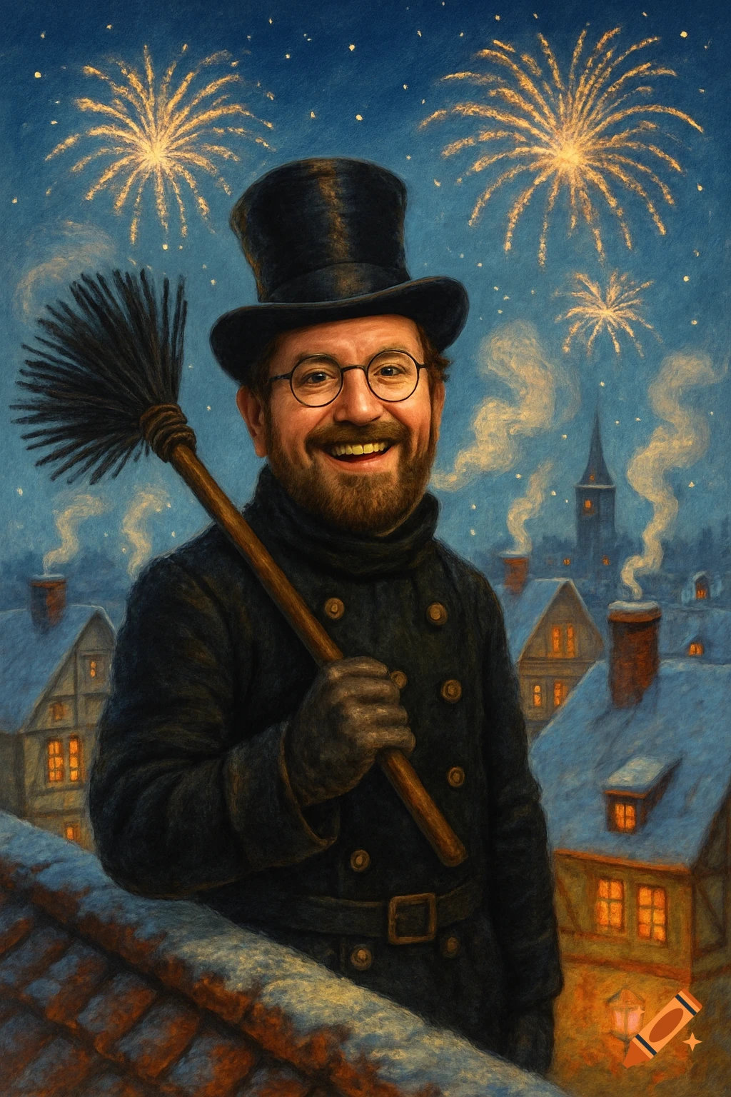 A smiling man in a top hat and chimney sweep attire holds a broom on a snowy rooftop, with fireworks lighting up the night sky over a winter town. Painterly style.