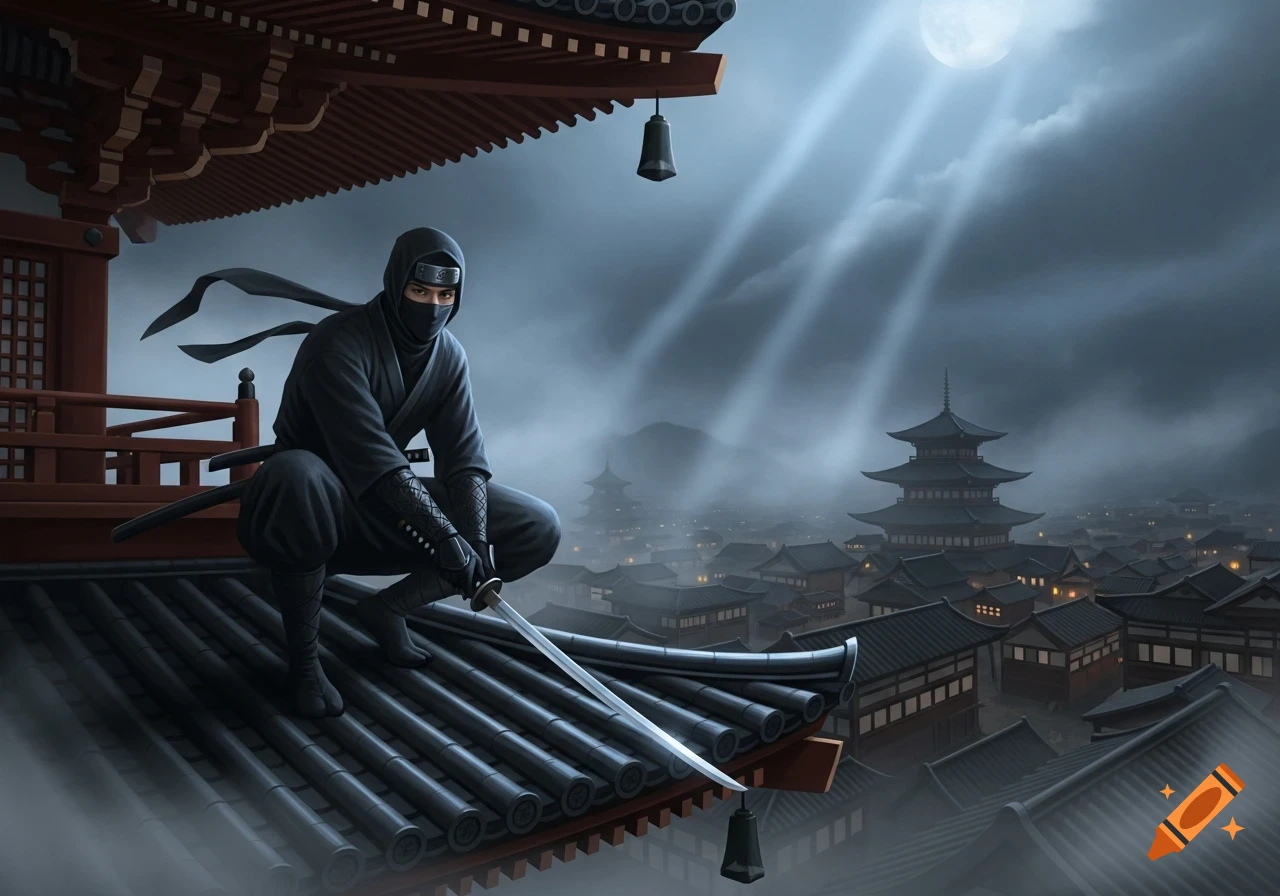 A ninja crouches on a tiled rooftop, sword in hand, overlooking a moonlit Japanese town at night.