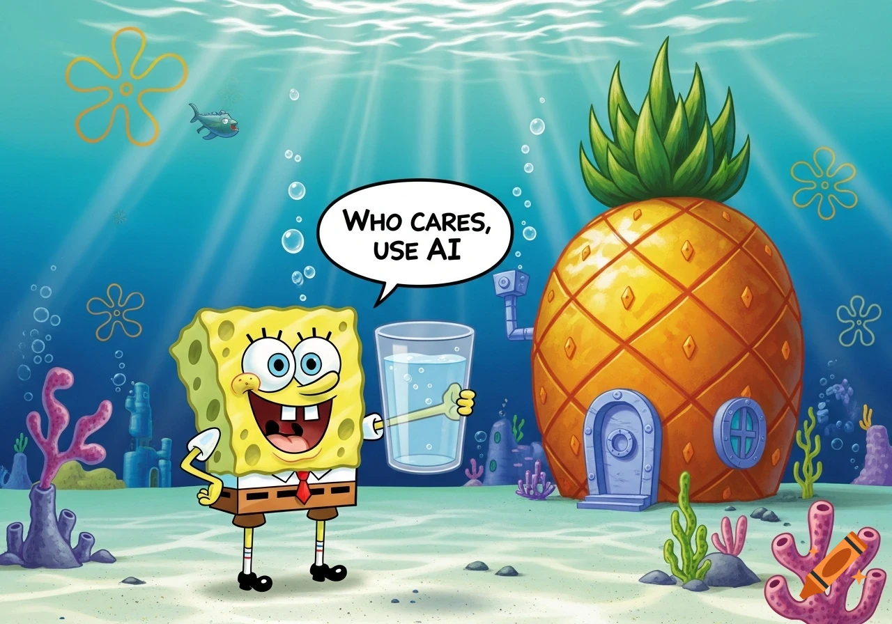 SpongeBob SquarePants stands in Bikini Bottom, holding a glass of water, saying "WHO CARES, USE AI" with his pineapple house behind him.