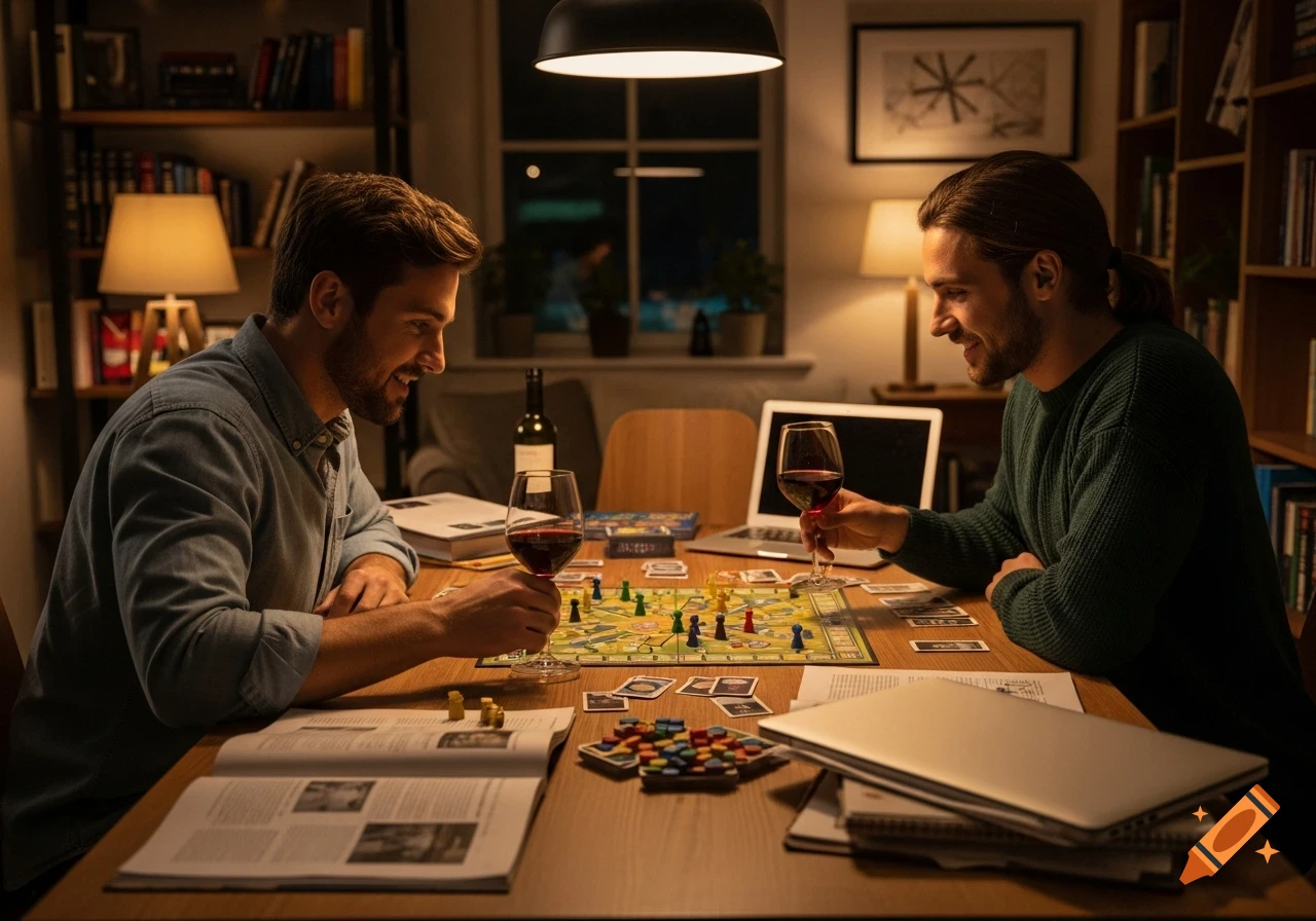 Two smiling men play a board game and drink red wine in a warmly lit room filled with bookshelves.