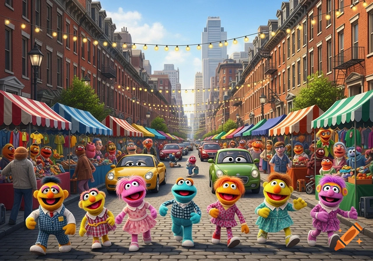 Muppet characters walk down a bustling city street lined with market stalls and string lights, with cars visible in the background.