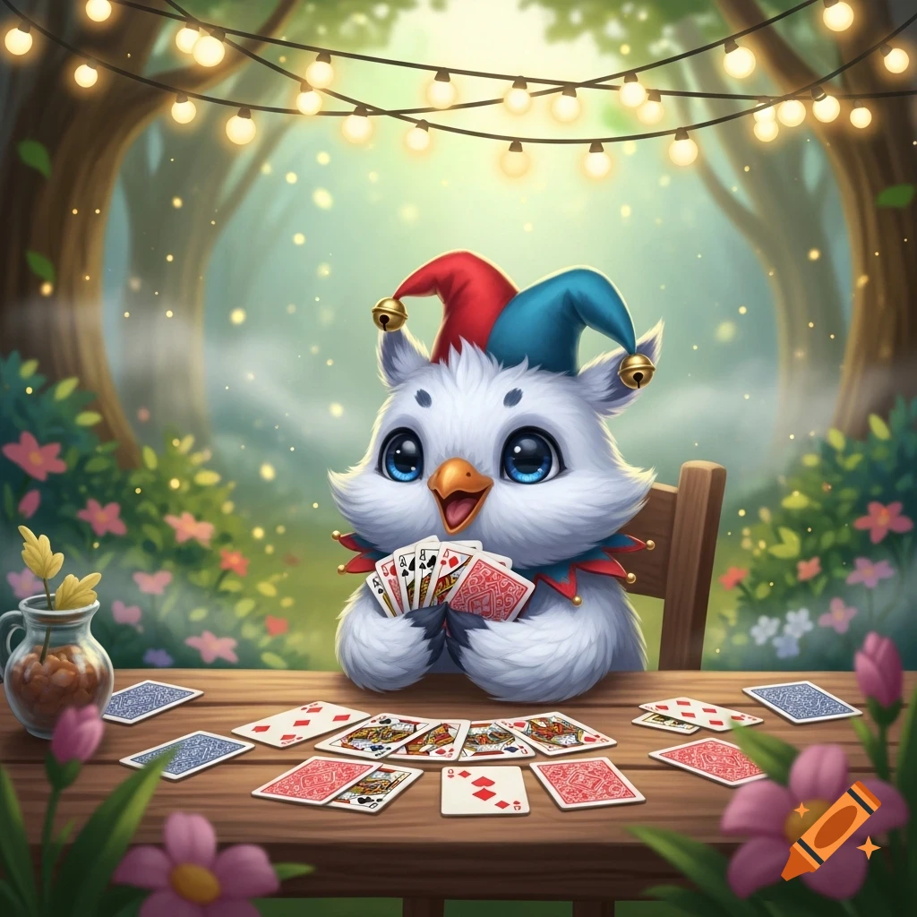 A cute, fluffy white owl in a red and blue jester hat plays cards at a wooden table in a magical forest lit by string lights.