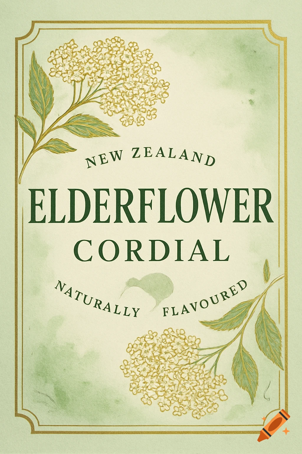 A vintage-style label for 'NEW ZEALAND ELDERFLOWER CORDIAL' with elderflower illustrations and a kiwi bird silhouette.