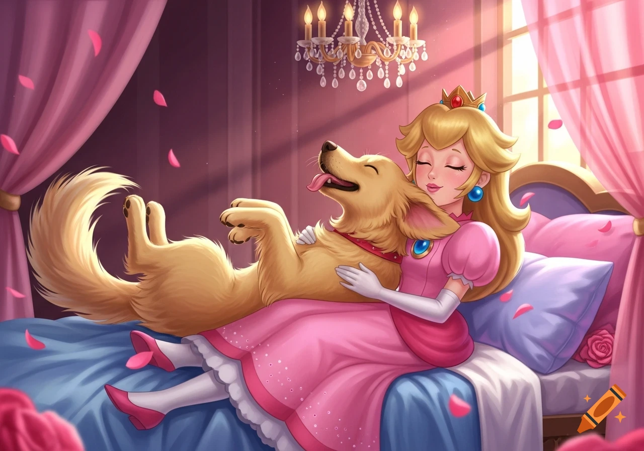 Cartoon illustration of Princess Peach hugging a happy Golden Retriever in a pink bedroom, with the dog licking her face.