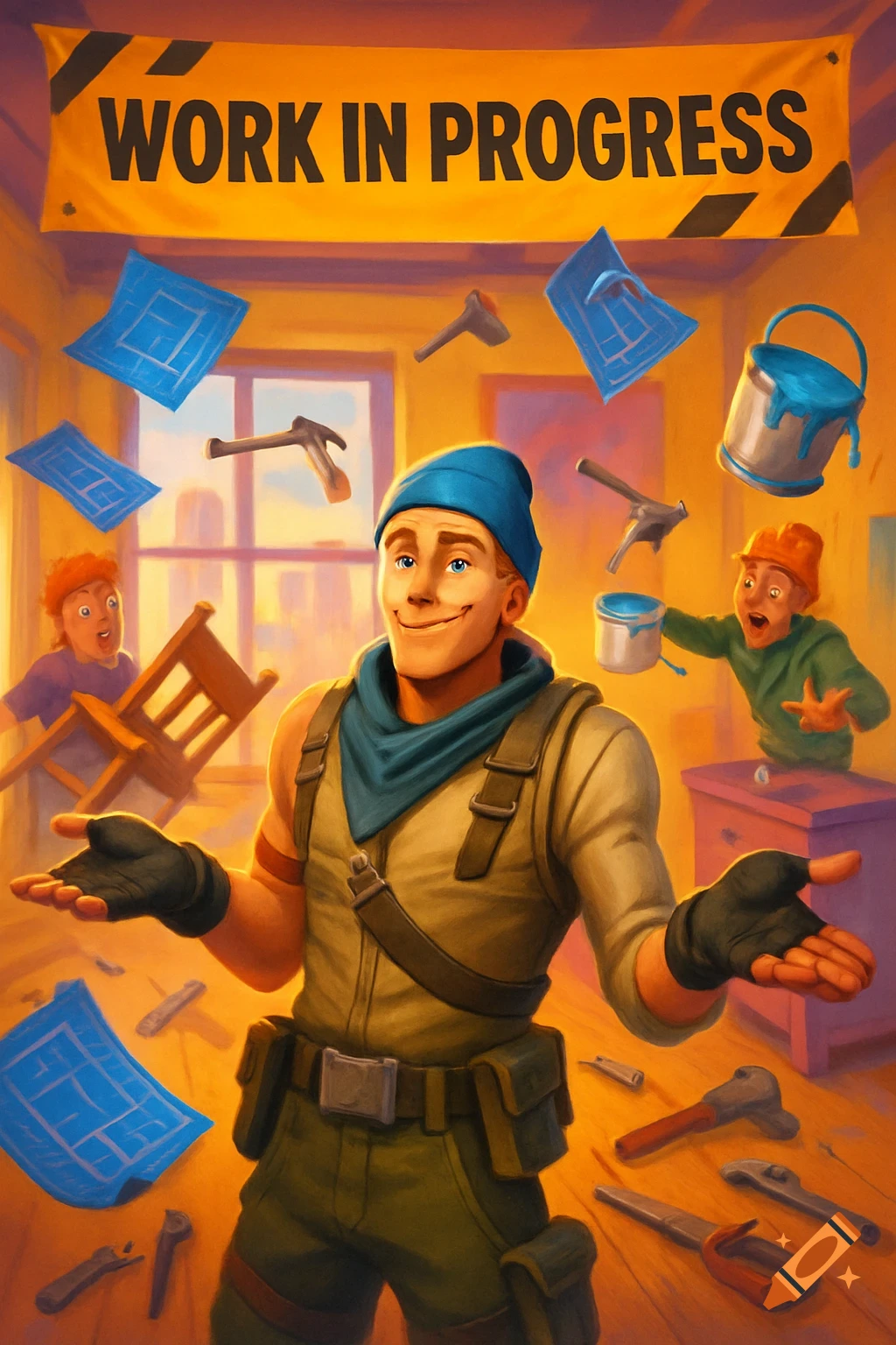 A smiling, Fortnite-style character shrugs amidst floating tools and blueprints in a chaotic 'Work In Progress' room, cartoon style.