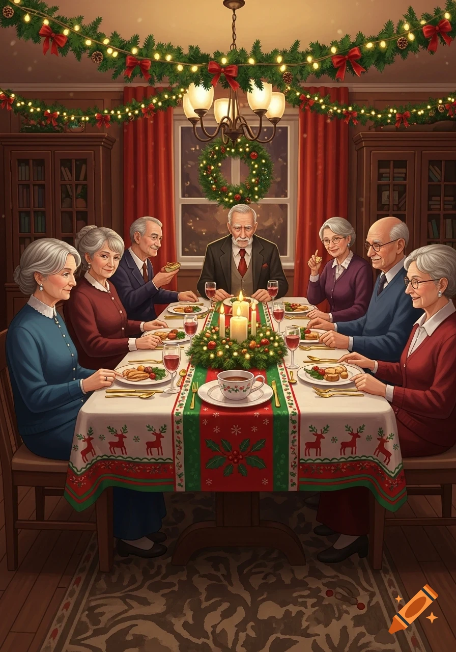 An illustration of eight elderly friends, five women and three men, gathered around a festive table for Christmas dinner, adorned with a red and green tablecloth, candles, and garland.