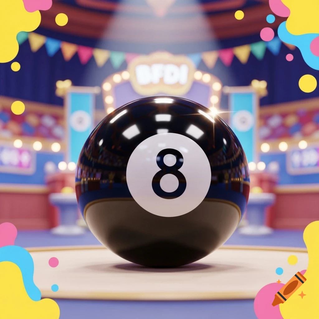 A shiny black 8-ball with a white circle and black '8' on a stage, surrounded by colorful flags and a 'BFDI' sign.