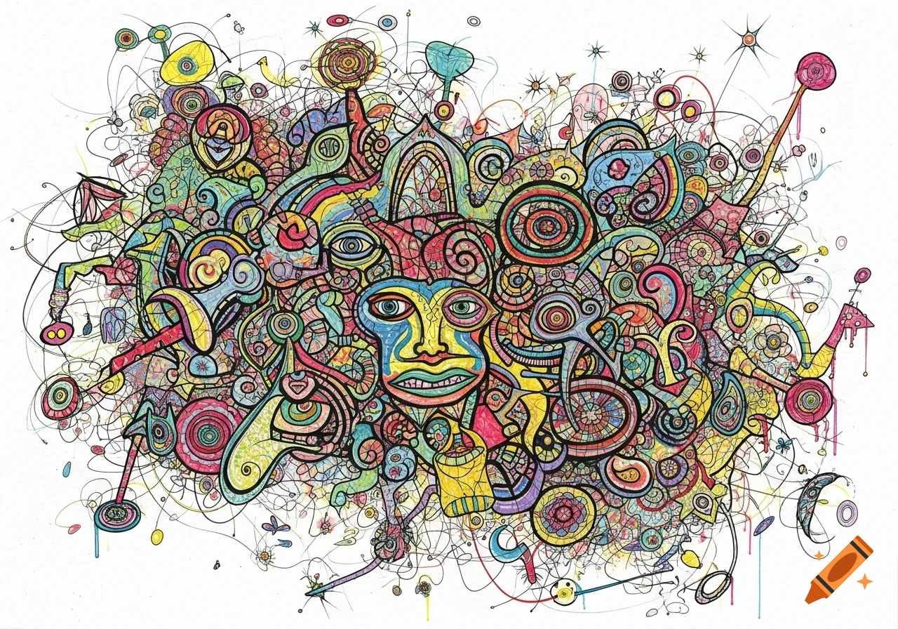 A vibrant, detailed abstract illustration with a central stylized face, intricate patterns, swirling lines, and bright colors on a white background.