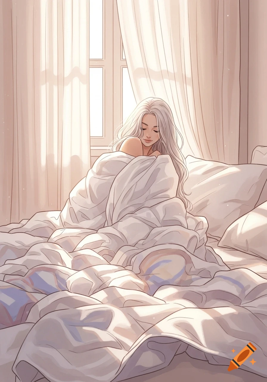 Illustration of a woman with long white hair wrapped in white bedding, sitting in a sunlit bedroom.