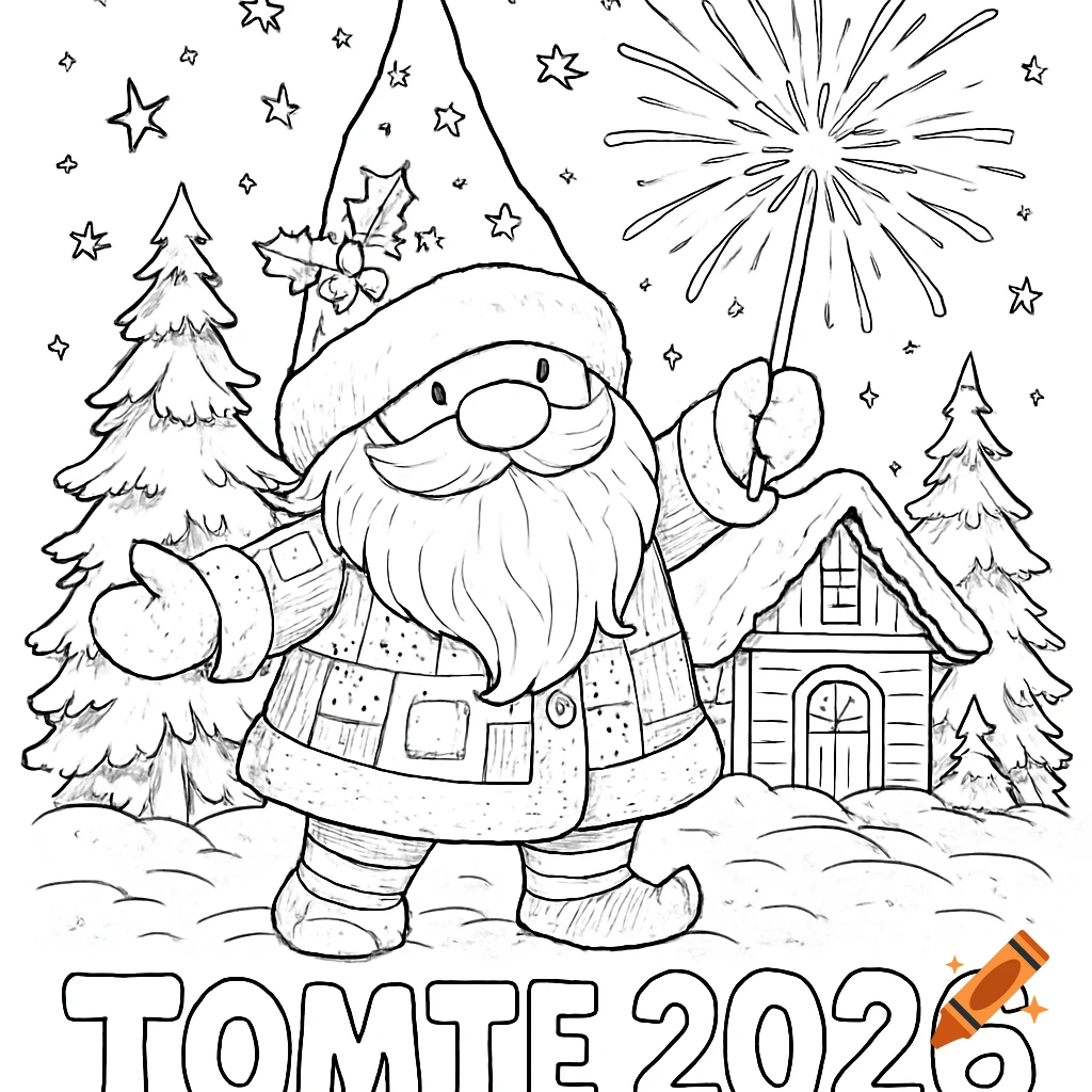 A black and white coloring page showing a Christmas gnome holding a sparkler in a snowy scene with a house and trees, with "TOMTE 2026" at the bottom.