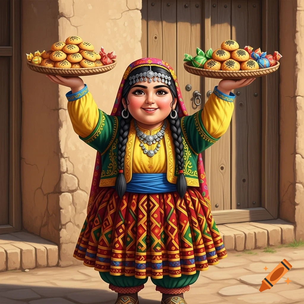 A cheerful Lur girl in colorful traditional Iranian clothing holds trays of koloucheh cookies and candies in a Persian village market, folk art style.