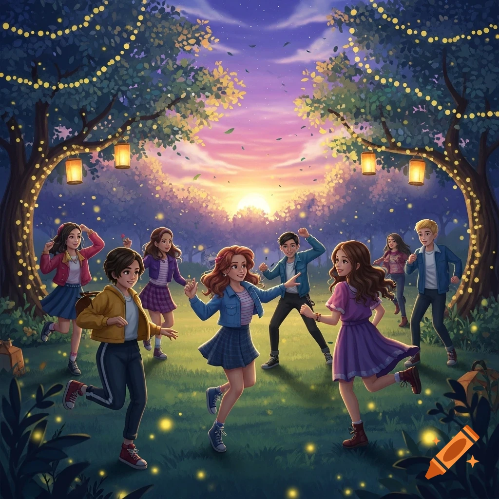 A group of cheerful teenagers dancing at sunset in a whimsical park lit by string lights and lanterns, in a vibrant cartoon style.