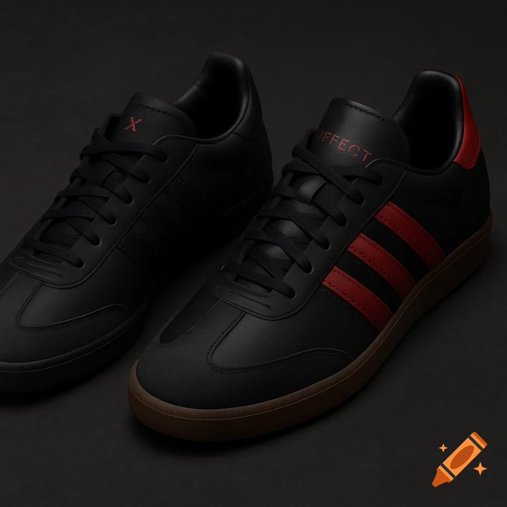 Two matte black sneakers with black laces on a dark background. The right shoe has three deep crimson red stripes and a red heel tab, with 'EFFECT' on the tongue. The left shoe has a red 'X' on its tongue and gloss black stripes.