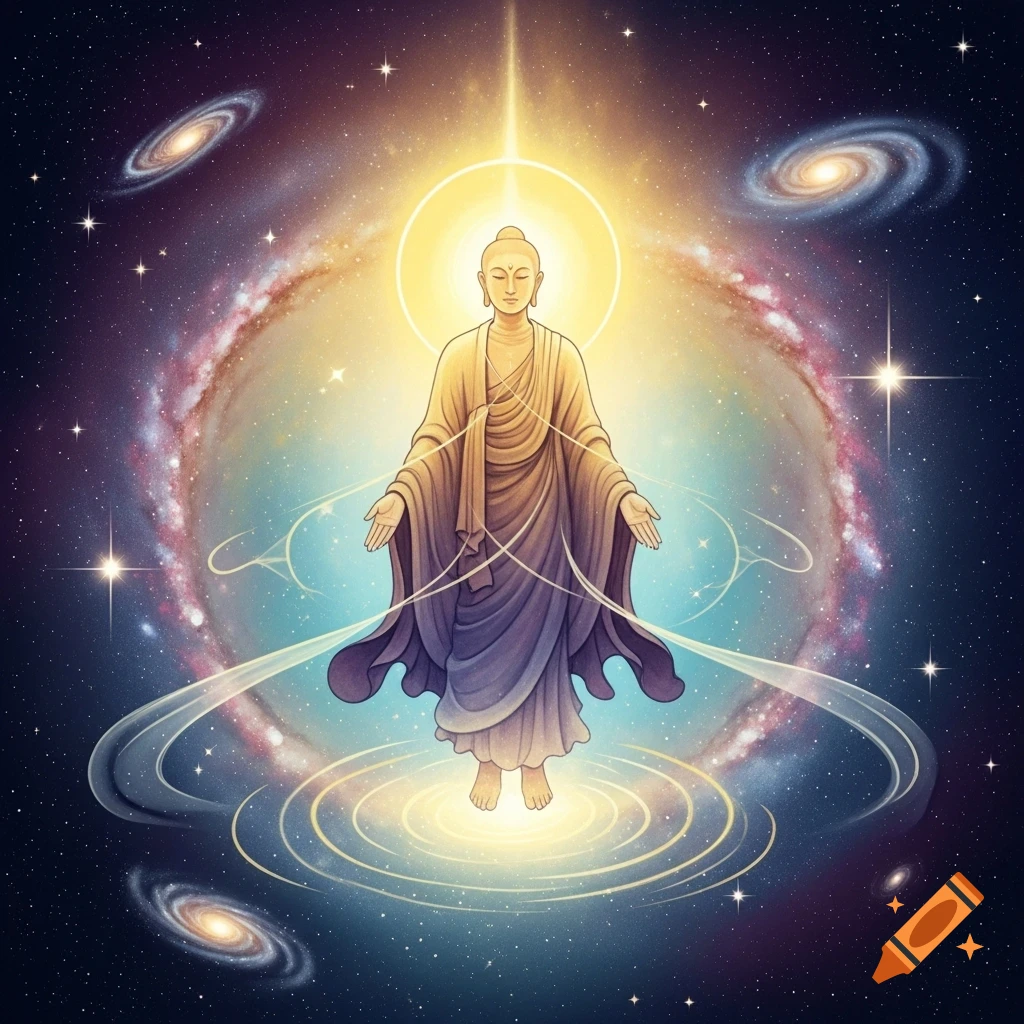 A glowing, ethereal Buddha figure floats serenely amidst a vibrant cosmic background with galaxies and stars.