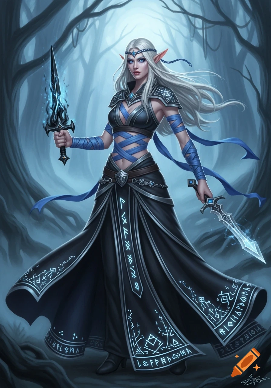 A female elven warrior with long white hair and blue eyes, wearing black and blue armor and a black robe with runes, holds two glowing daggers in a dark forest.