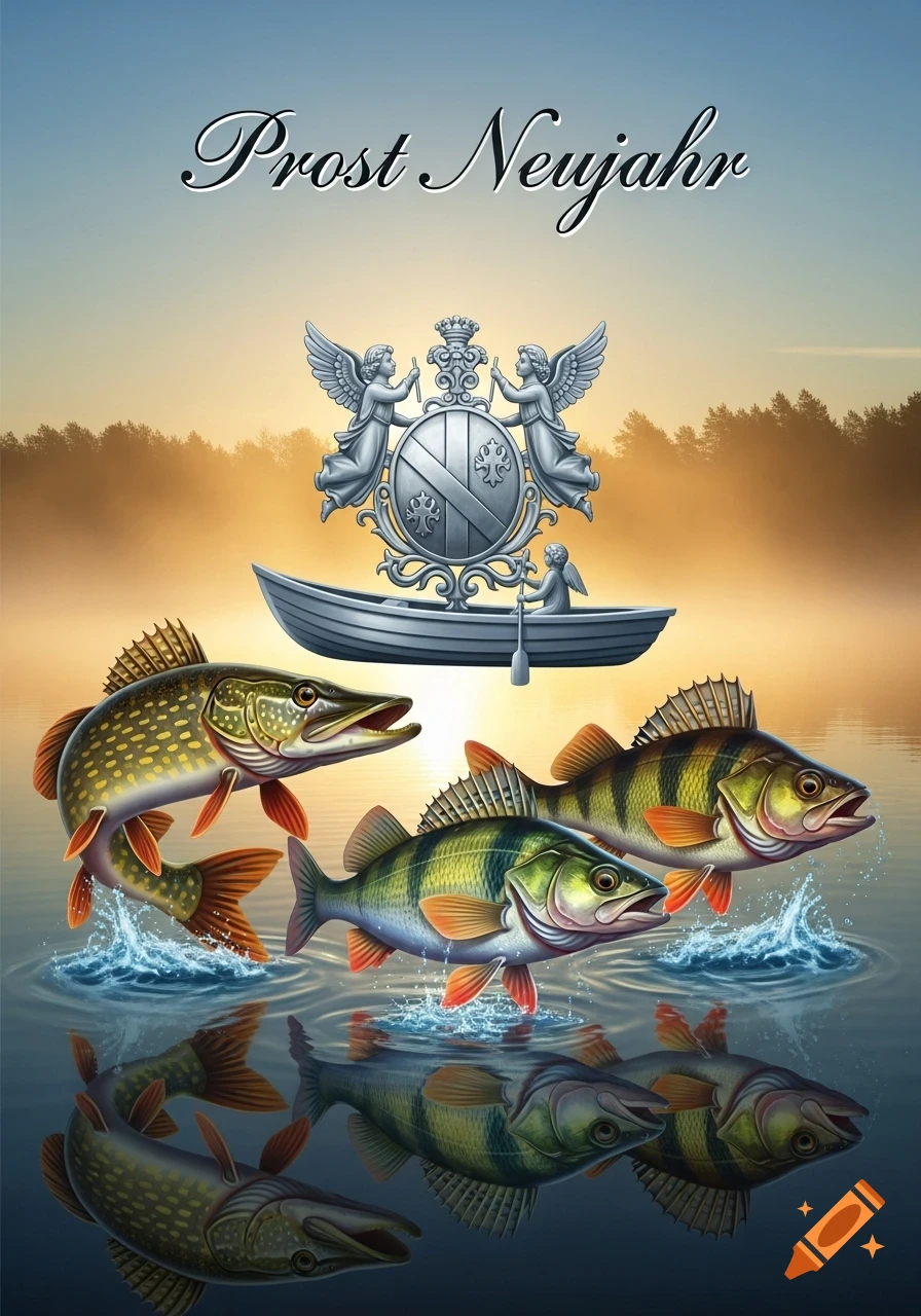 An illustration of a pike and two perch jumping from a misty lake below a crest with angels and a boat. Text reads 'Prost Neujahr'.