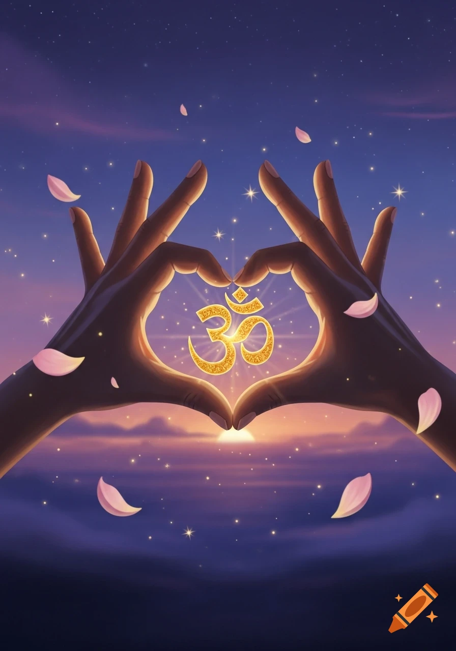 Dark hands form a heart shape around a glowing, golden Om symbol against a starry twilight sky with falling pink petals.