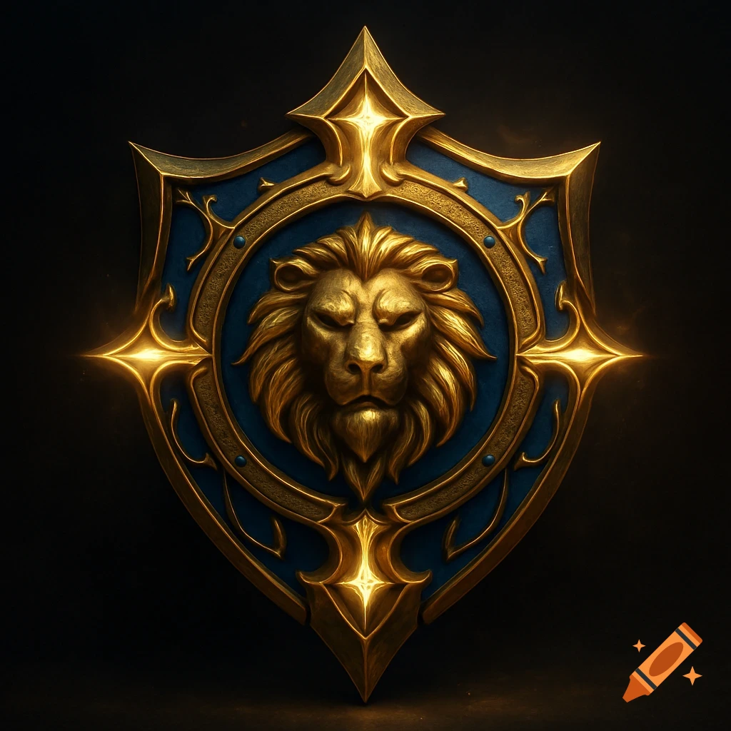 A metallic blue and gold World of Warcraft Alliance emblem featuring a lion's head, lit heroically against a dark background.