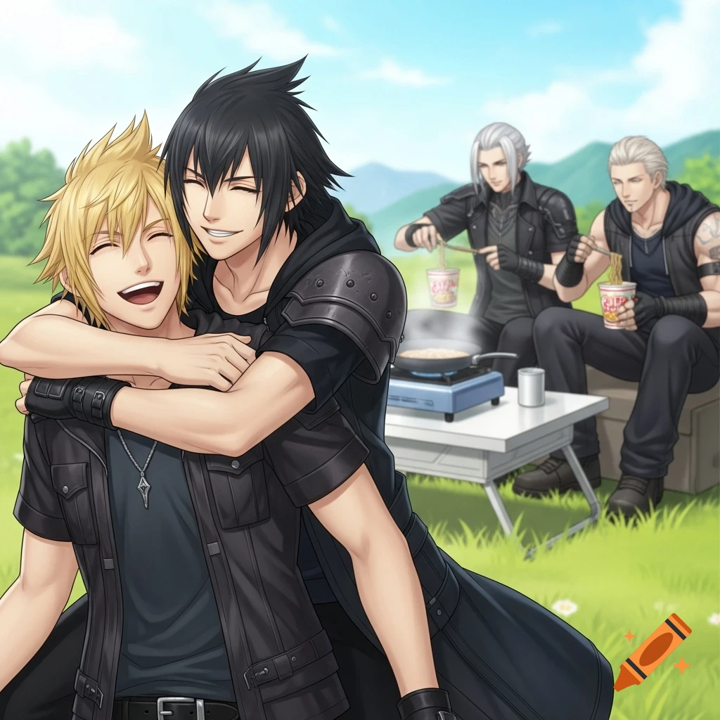 Prompto and Noctis from Final Fantasy XV hugging and smiling, with Ignis cooking and Gladiolus eating cup noodles at a picnic.