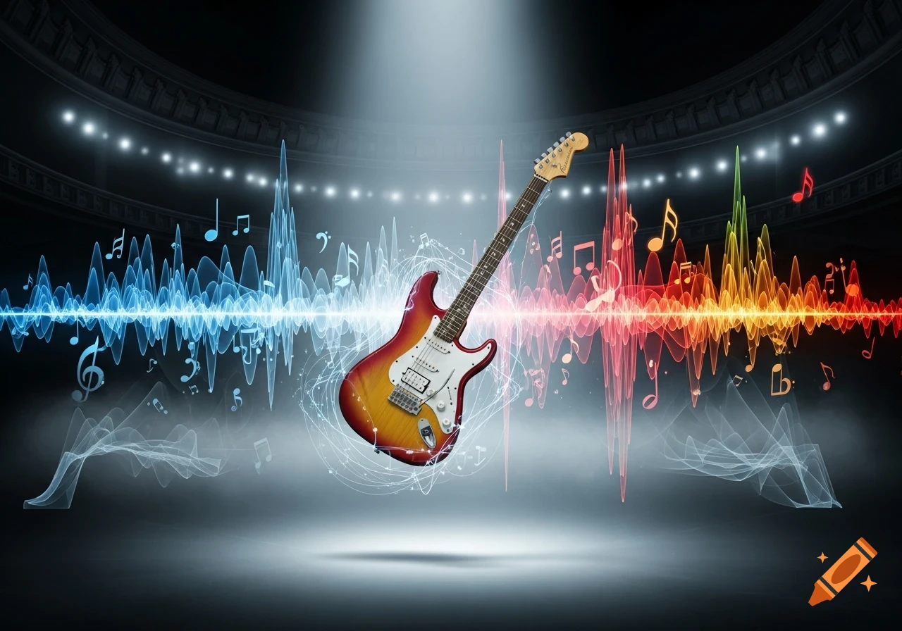 A red and yellow electric guitar floats center stage against a dark background with blue and red sound waves, musical notes, and bright stadium lights.