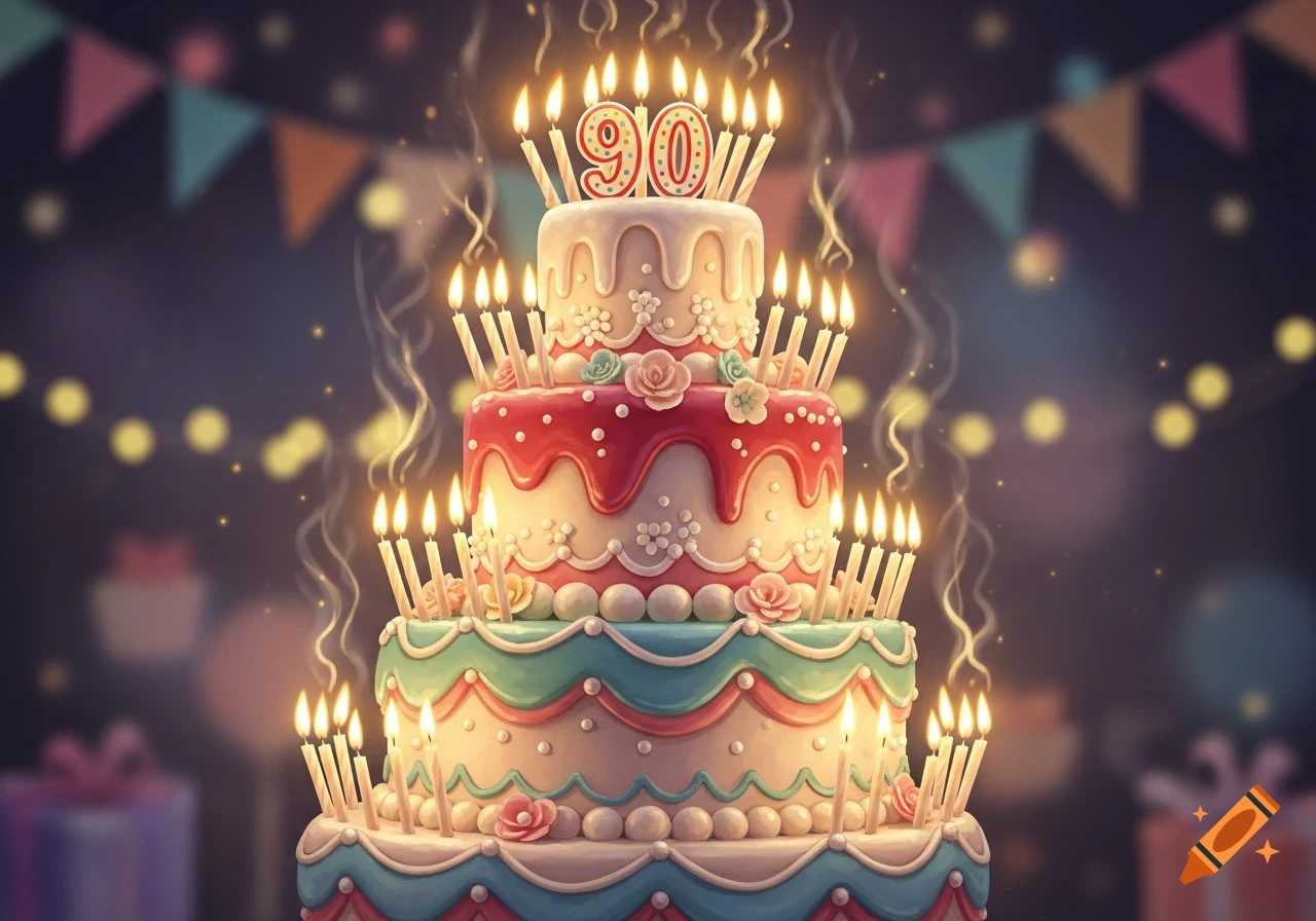 A vibrant three-tier birthday cake with '90' on top, surrounded by many lit candles, against a blurred party background with banners and lights.