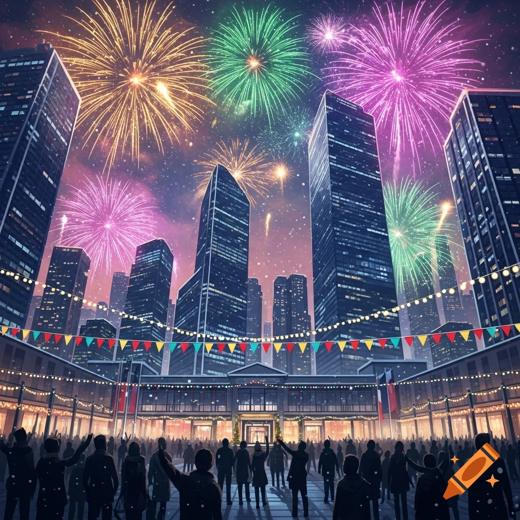 A vibrant cityscape at night, with a large crowd gathered in a plaza to watch colorful fireworks explode above tall buildings.