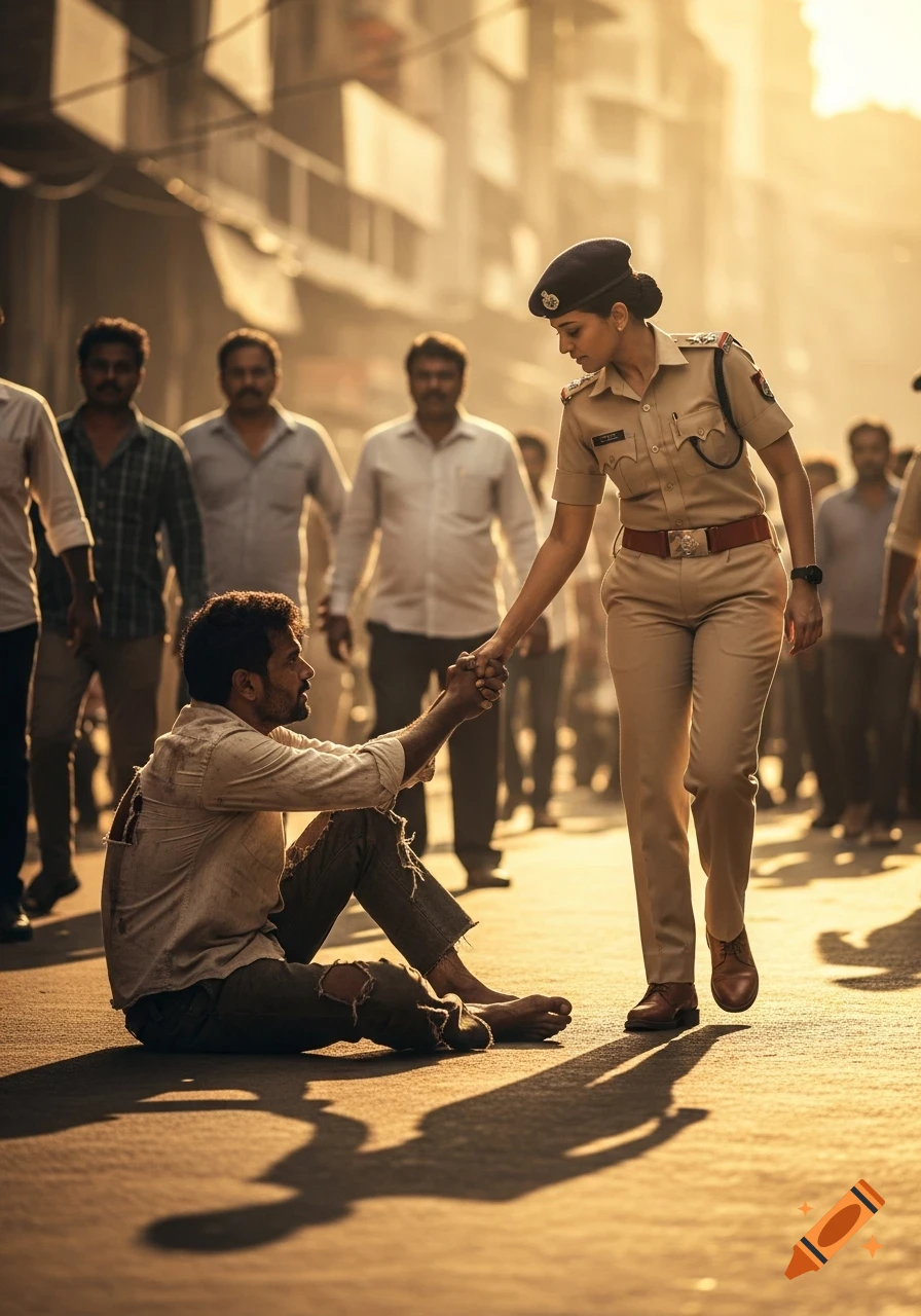 A female police officer in uniform helps a man sitting on a busy, sunlit Indian street, offering her hand in a photorealistic style.