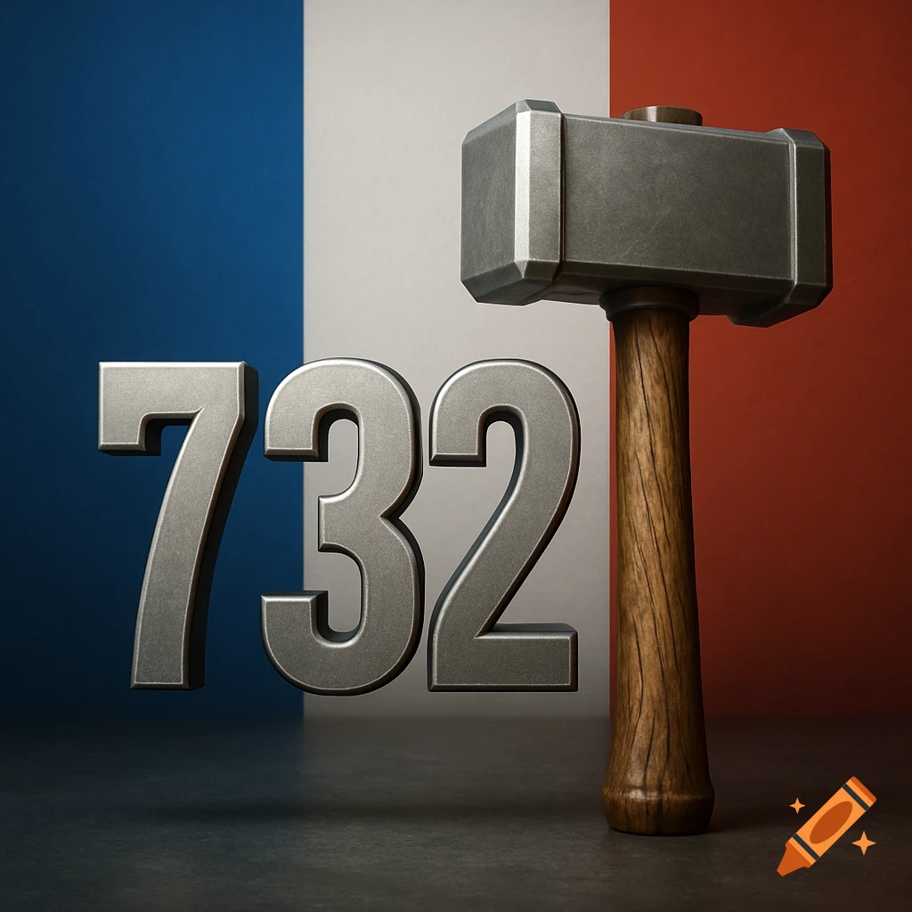 Metallic numbers '732' and a war hammer with a wooden handle against a French flag background, rendered in 3D.