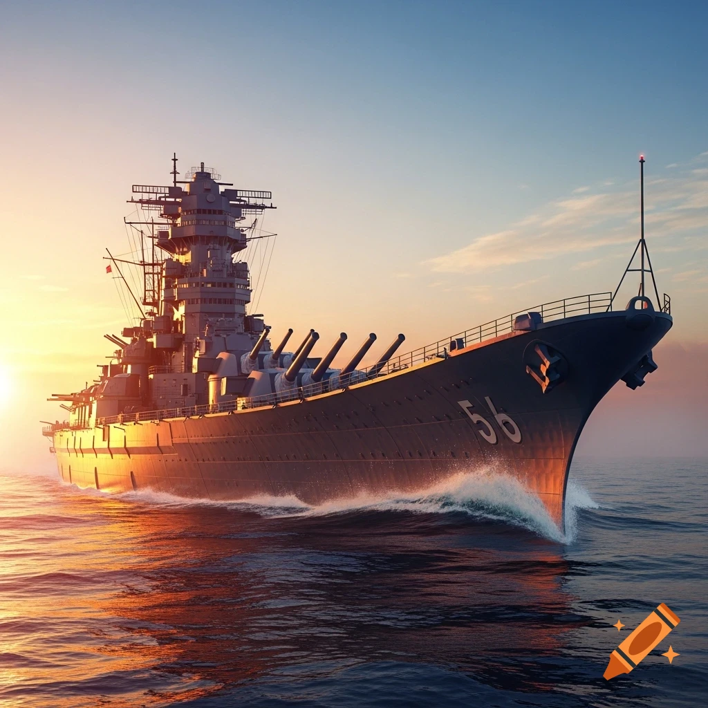 Photorealistic image of a battleship, hull number 56, cutting through ocean waves at sunset.