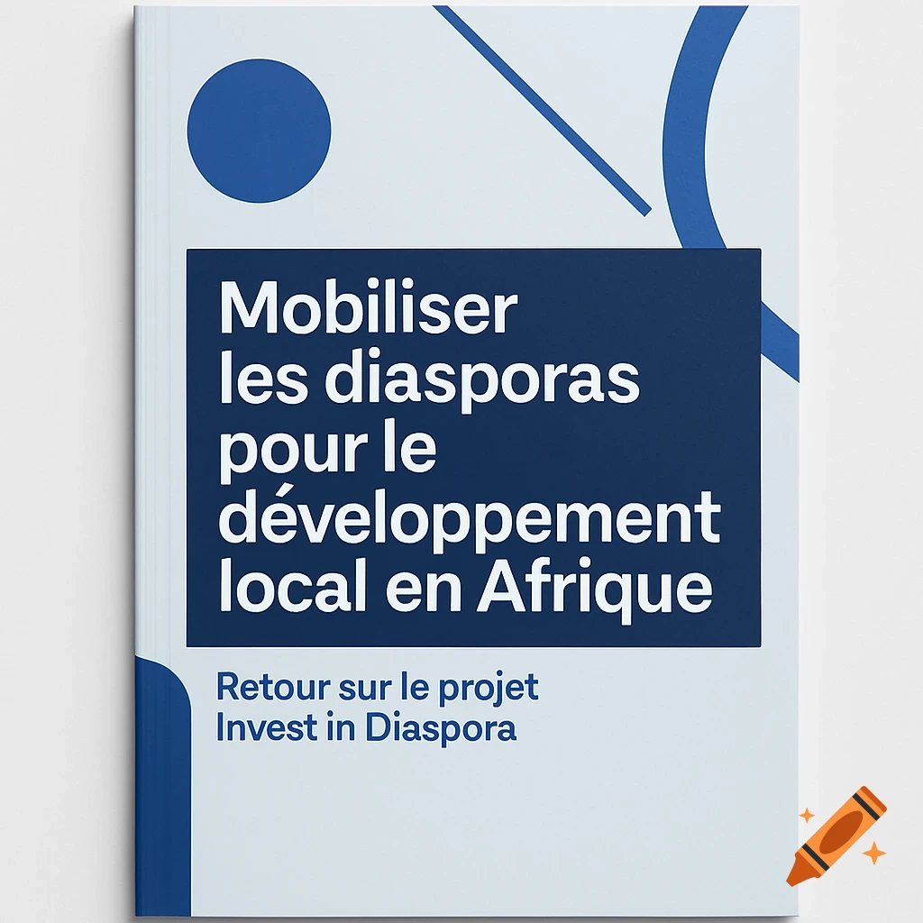 A modern A5 book cover with a white background, dark blue text 'Mobiliser les diasporas pour le développement local en Afrique', and blue geometric graphics.