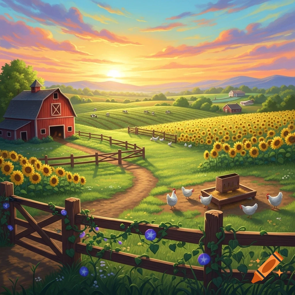 Vibrant farm landscape with a red barn, sunflower fields, chickens, and rolling hills at sunset.