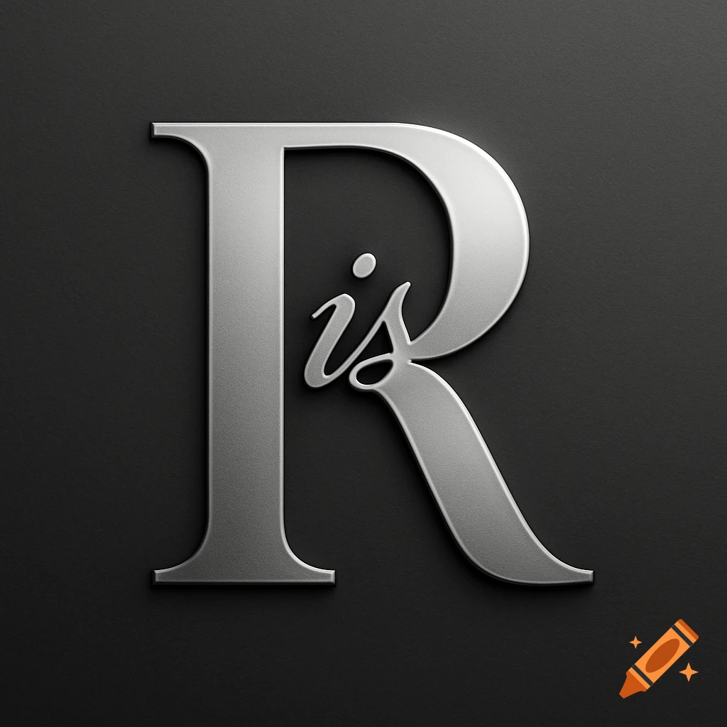 A metallic embossed letter R with the word 'is' in a cursive font inside, against a dark gray background.