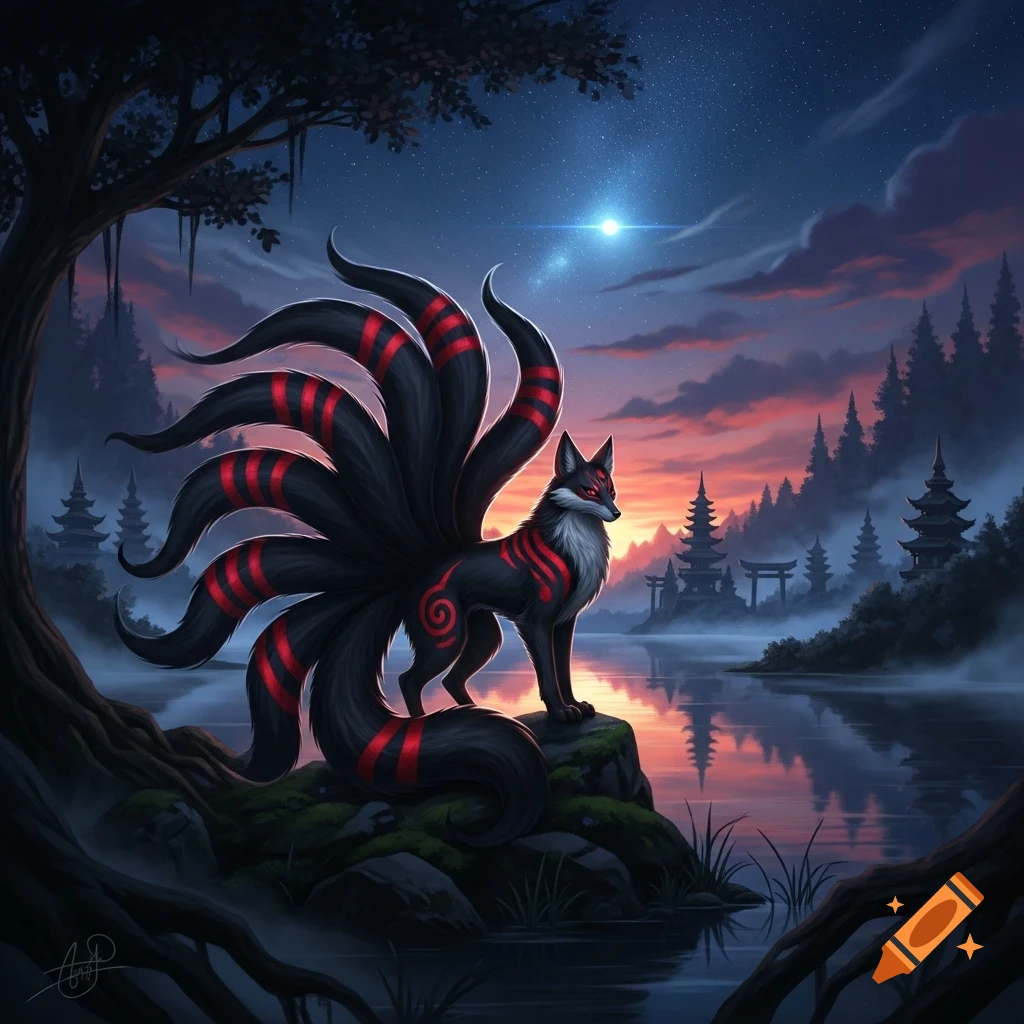 A dark kitsune with blood-red markings and multiple tails perches on a rock by a lake with temples and a forest at dusk, a bright star in the sky.