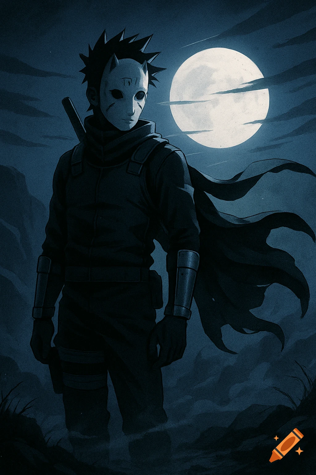 A dark, masked ninja-like character with a katana stands under a full moon in a misty, stylized anime art style.