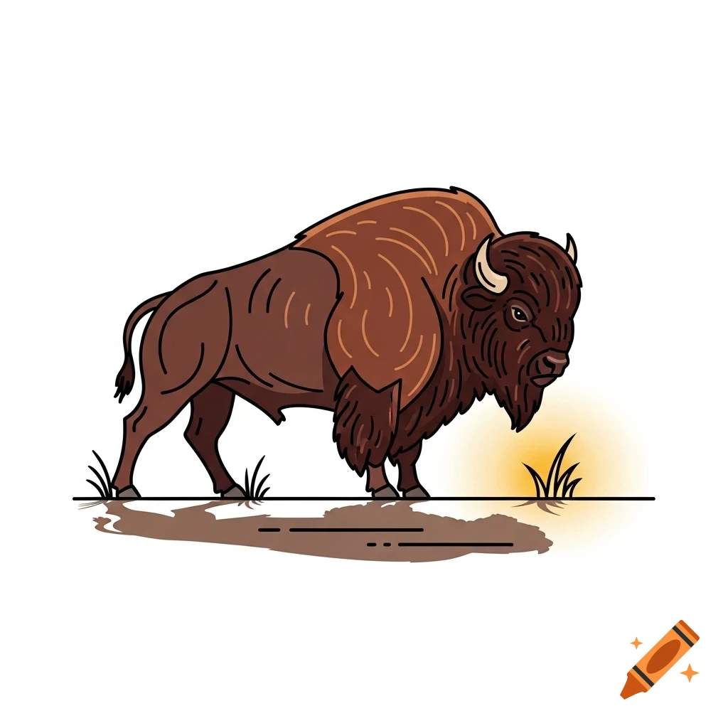 A stylized illustration of a brown bison standing on a simple ground line with grass, next to a glowing yellow highlight.