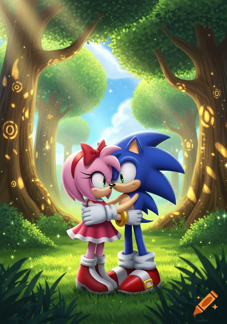 Sonic the Hedgehog and Amy Rose hug affectionately in a vibrant, glowing forest, depicted in a bright cartoon style.