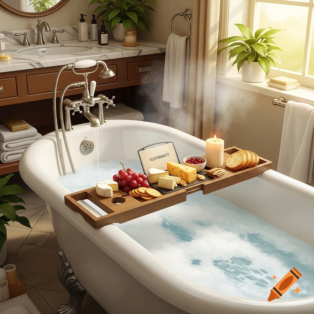 A luxurious bathtub with water and steam, featuring a wooden bath tray holding cheese, grapes, crackers, a lit candle, and a book.