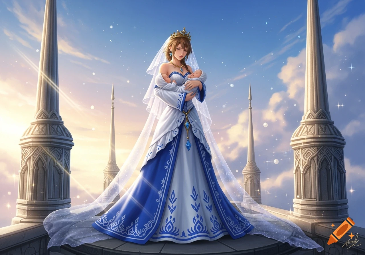 Yuna from Final Fantasy X, in a white and blue wedding dress, holding a swaddled baby. She stands on a high balcony with ornate white pillars, under a bright, cloud-streaked sky.
