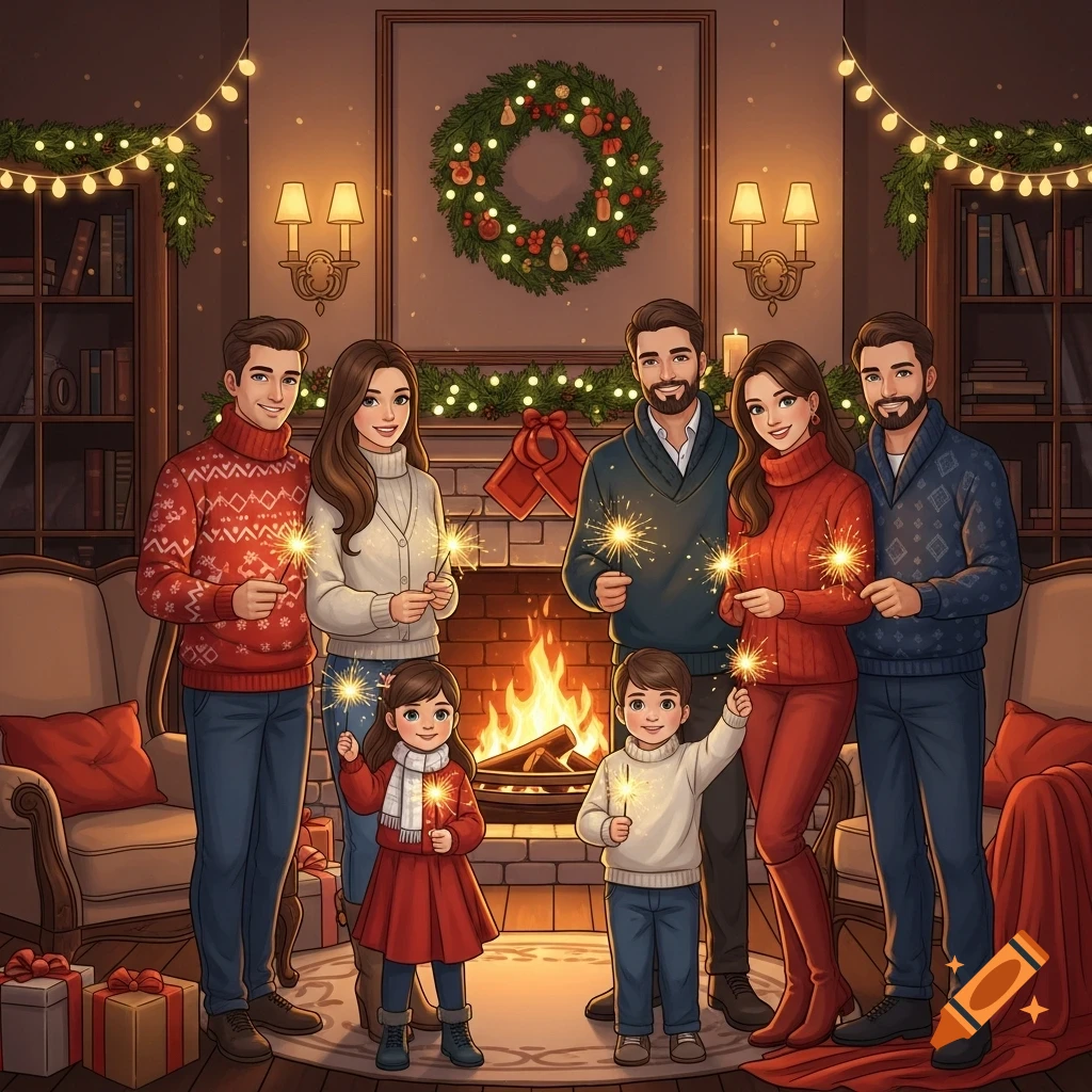 An illustrated family of six, including two adult couples and two children, holding sparklers in front of a cozy fireplace in a Christmas-decorated room.
