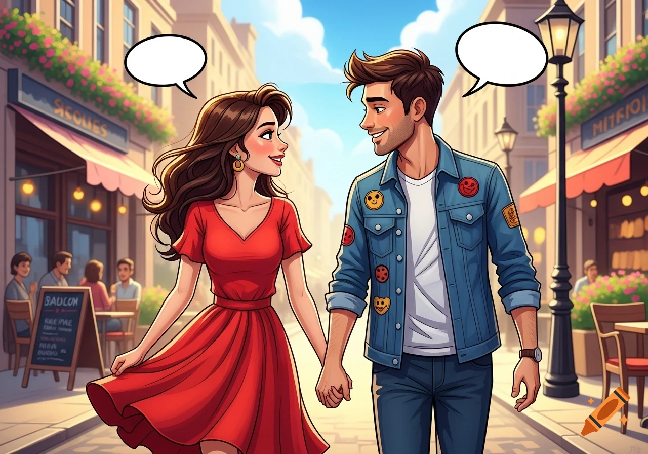 Cartoon couple holding hands, smiling, walking down a sunny city street lined with shops, comic art style.