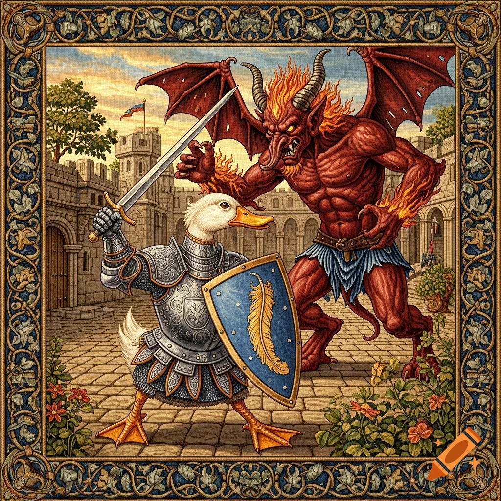 A duck knight in armor with a sword and shield battles a red horned demon with wings in a medieval tapestry style.