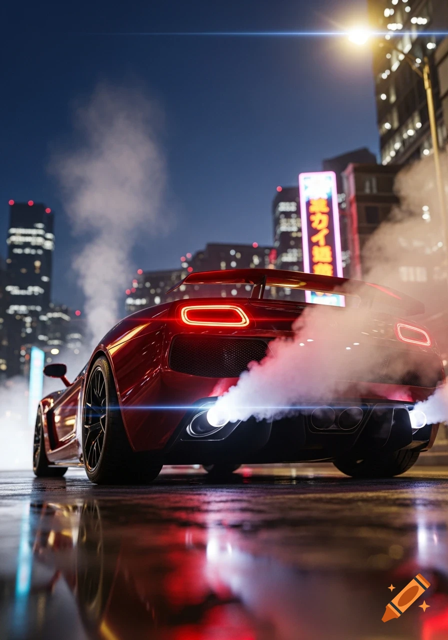 A red sports car with glowing tail lights emits smoke from its exhaust on a wet city street at night, with neon signs and buildings.