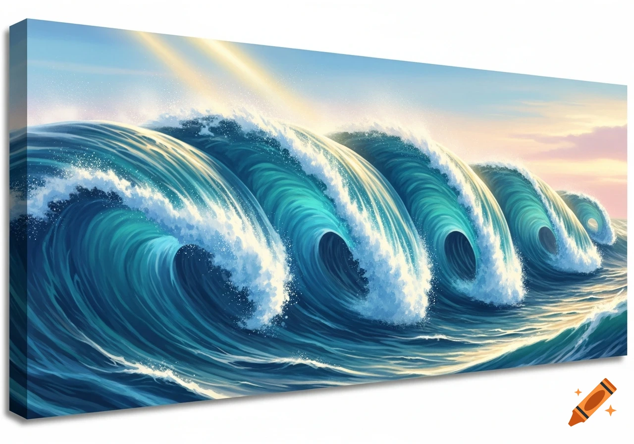 Multiple large, turquoise ocean waves cresting and breaking under a bright blue sky with sun rays, in an artistic style.