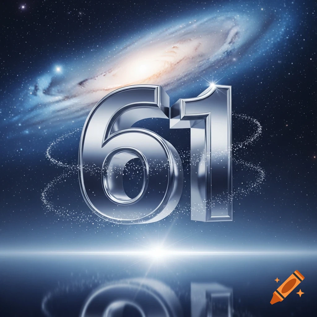 Shiny silver numbers 61 floating above a reflective surface, set against a dark starry galaxy background.