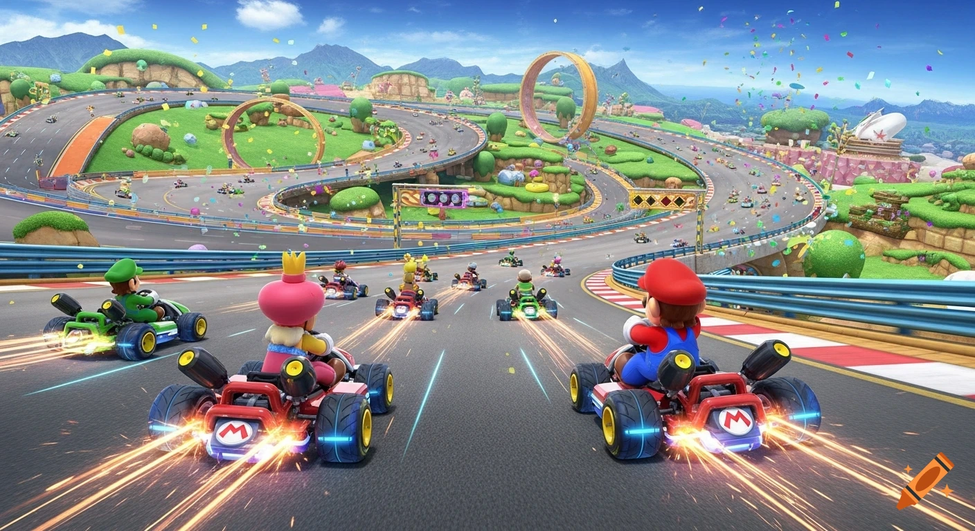 Mario, Luigi, and Princess Peach race karts on a colorful, multi-layered track under a blue sky, with confetti falling.